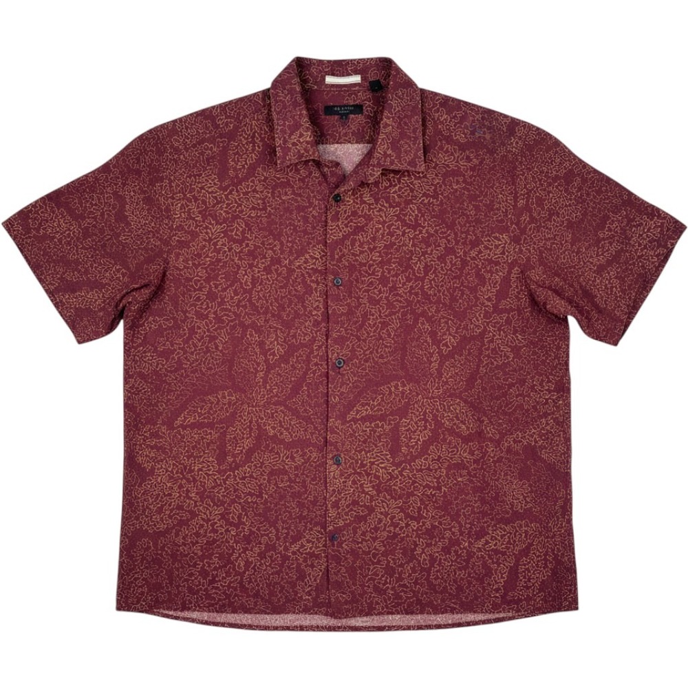 Ted Baker London Men's 7 XXL Burgundy Oak Leaf Print 100% Linen Shirt Resort